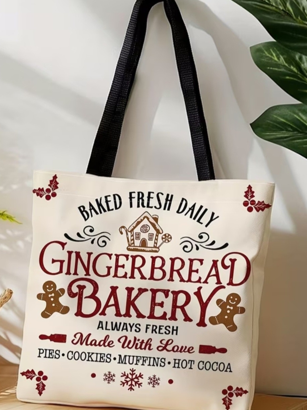 Cream Gingerbread Bakery Tote Bag with Black Handles